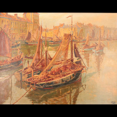 Lucien Frennet oil on canvas boats at quay