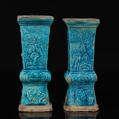 Pair of blue enamelled sandstone vases (damaged). CHINA, Ming period