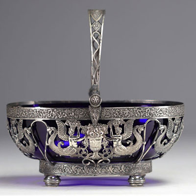 Empire style silver openwork basket, cobalt blue glass bowl, 19th century.