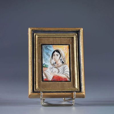 Art Qadjar Delhi Begum miniature sur ivoire jeune femme avec un lapin 18ème