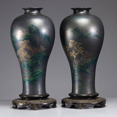 Pair of Fuzhou lacquer vases landscape decor