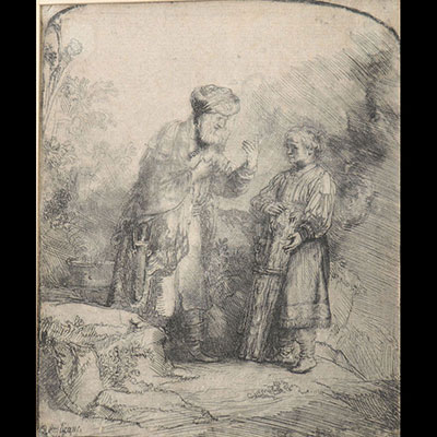 REMBRANDT VAN RIJN (1606-1669) Abraham, parlant avec Isaac Gravure à l'eau-forte avec pointe sèche sur papier fait main. (1645).