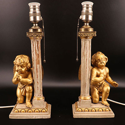 France - Paire de lampes en bois sculpté d'anges 19ème
