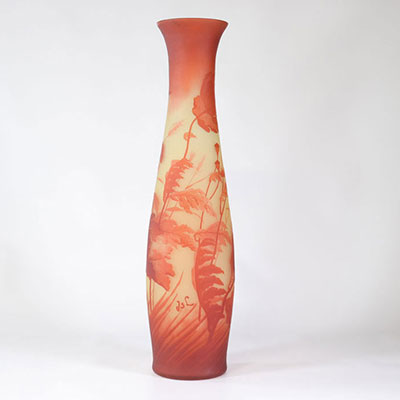 Val Saint Lambert large uranium vase cleared with rare acid, poppy decoration on an orange background