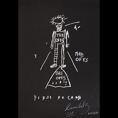 Jean-Michel Basquiat (attr). Monochrome lithograph. “The Offs First record”. 1983. Signed on the front in white marker. On the back a drawing of a crown in white paint. Numbered 239/250.