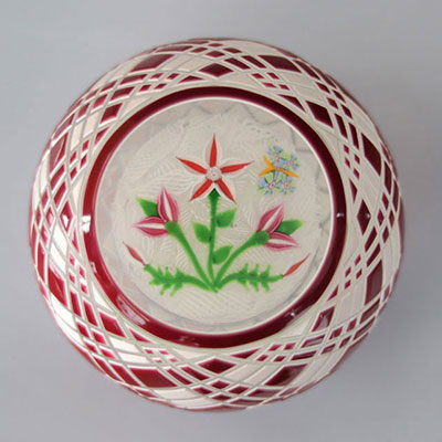 John Deacons 2003 paperweight, Ginghan, double overlay, pompoms with 3 red flowers, 2 buttons and 1 butterfly 