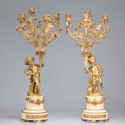 Imposante paire de chandeliers bronze doré d'époque Louis XVI