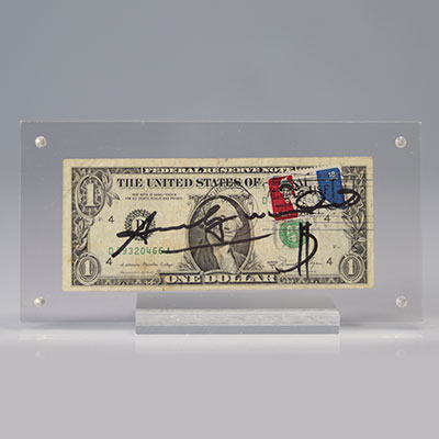 Andy Warhol (attributed to) - One Dollar Bill, 1981 Black marker on U.S. One dollar bill with postage stamp and ink cancellation stamp