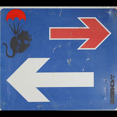 Banksy Parachuting Rat Road sign Stencil and paintings representing a black rat in a red parachute Signed"Banksy"