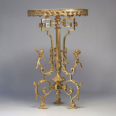 Bronze table with light blue Art Nouveau top decorated with flowers and butterflies