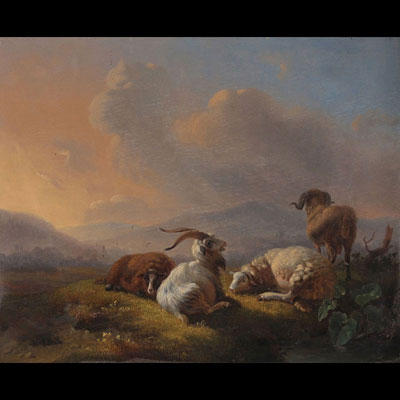 Huile sur bois représentant des chèvres et moutons en montagne Signature à identifier XIXème