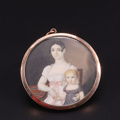 Miniature époque Empire jeune femme et enfant