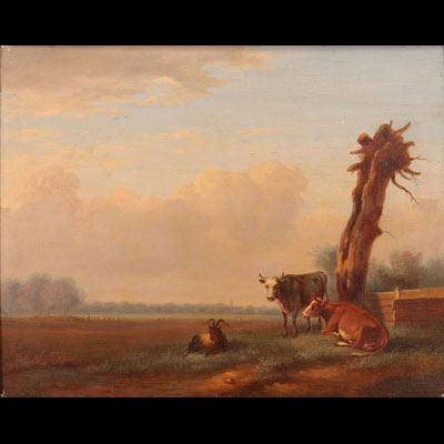 Oil on panel decor field of cows upwind