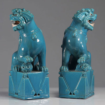 Paire de chiens de Fô en porcelaine monochrome bleu