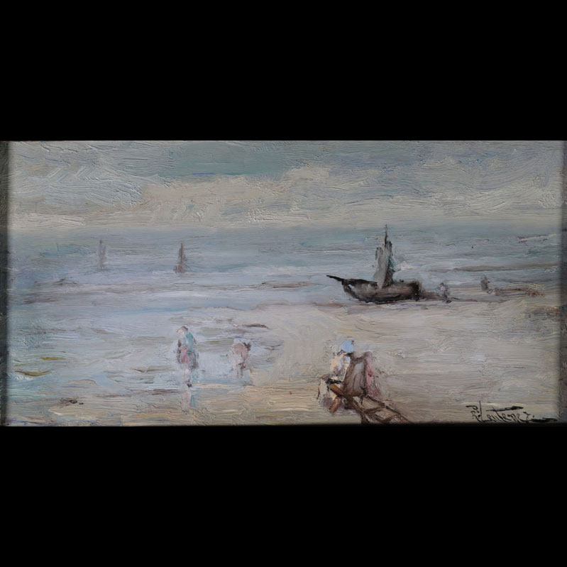 Richard Léon LEUTENEZ huile sur panneau scène de plage 20ème