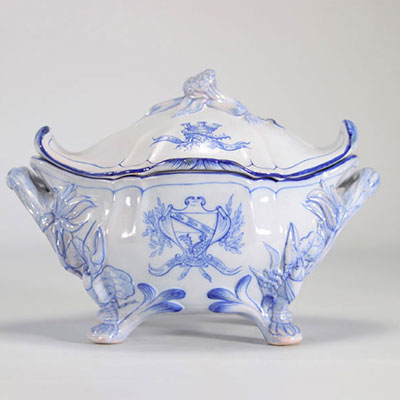 Emile Gallé rare earthenware tureen decorated with crayfish in white and blue - Art Nouveau