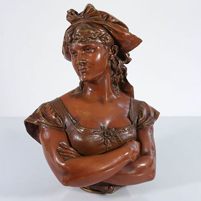 Léopold HARZE (1831-1893) Buste de jeune femme en bronze patine brune fondeur de Bruxelles
