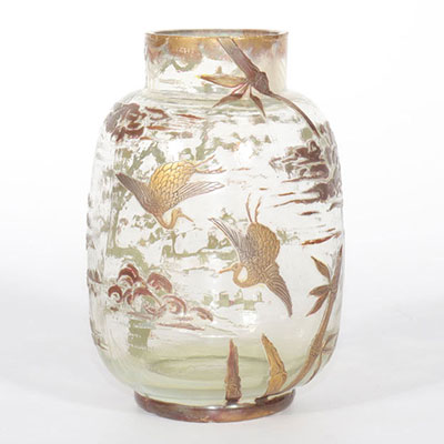 Vase en verre dégagé à l'acide décor japonisant 1900