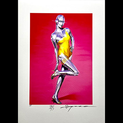 Hajime SORAYAMA. “Yellow Dress”. Color lithograph. 2020. Signed “Soryama” in pencil lower right. Numbered AP 18/35 (Artist Proof) in pencil lower left.