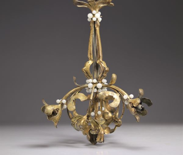 Art Nouveau bronze chandelier with mistletoe