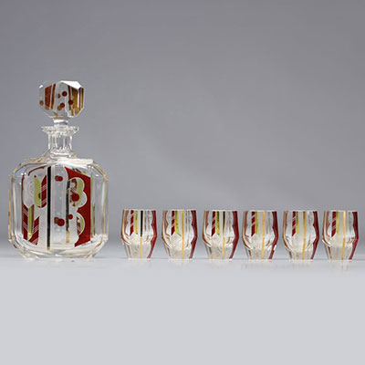 Carafe et (6) verres en cristal Art Déco à décor géométrique sablé et émaillé 