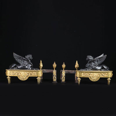Pierre-Philippe Thomire pair of andirons Empire period decorated with Sphinx with black patina Thomire signatures in Paris 19th