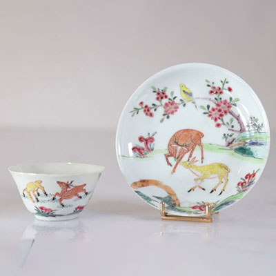 18th century Chinese porcelain bowl and saucer decorated with deer