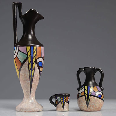 ANTOINE DUBOIS (1869-1949) Art Deco vases (2) and enamelled ceramic cup with painted decoration of geometric patterns.