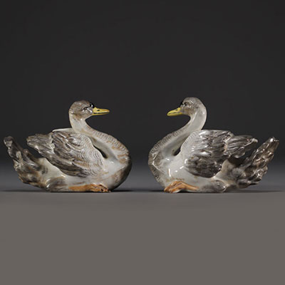 Meissen - Couple of young Swans in porcelain, crossed swords mark under the piece.