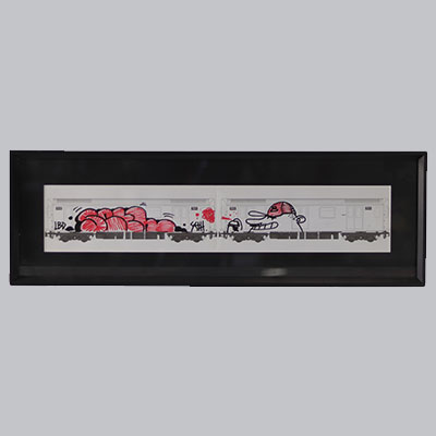 Seth Globepainter - Love Train, 2018 Dessin au feutre rouge & noir signée à la mains par l’artiste.
