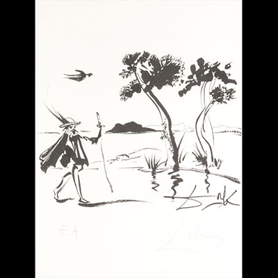 Salvador Dali. 1978. « La marche de Don Quichotte ». Gravure en noir sur papier Arches. Signée dans la planche « Dali ». Signée à la main « Dali » au crayon en bas à droite. Annotée à la