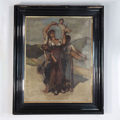 Peinture HST signée Alfred Cluysenaar (1837-1902) Famille italienne dans le désert