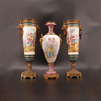 Vases (3) in the style of Sevres, romantic setting, 19th century bronze mount