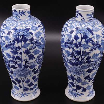 CHINA - pair of vases - white blue - dragons scenery - mark