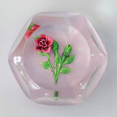 Saint-Louis 1978 paperweight, red rose on green stem and mauve background