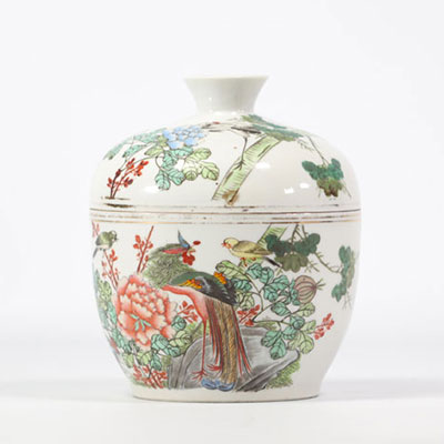 Pot couvert en porcelaine de chine qianjiang cai à décor d'animaux et de fleurs sur fond blanc