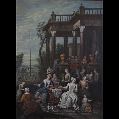 Scène de Fête bourgeoise et tir à l'arbalète - HST- Jan-Joseph HOREMANS le Jeune (Anvers 1714 - c. 1790) 