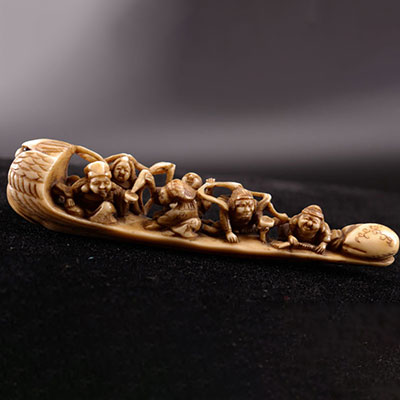 Ivory Netsuke - character on a boat in the shape of a bird Meiji signature 19th