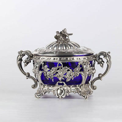 Confiturier en argent et cristal bleu de style Louis XV