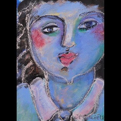 Pastel portrait young woman signature to identify