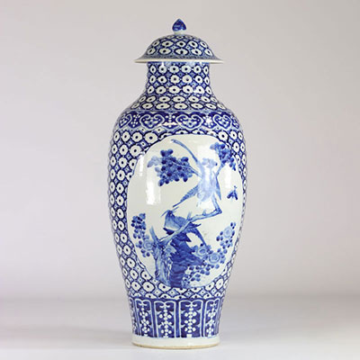 Chine important vase couvert blanc bleu double cartouches personnages et oiseaux époque Qing