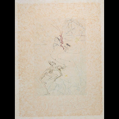 Salvador Dali. Le dernier combat de Tristan. Gravure en couleurs sur papier Japon. Signée « Dali » au crayon. Annotée EA au crayon.