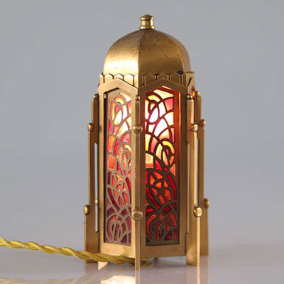 Albert VAN HUFFEL (1877-1935) (att) lampe de bureau bronze et vitraux