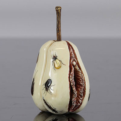 Japan, Erotic Shibayama Okimono in the shape of a fruit , stone and mother-of-pearl inlay of insects, 19th / 20th C.