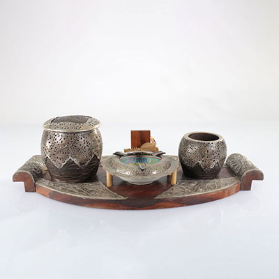Asie - ensemble de brûleurs en bois/argent/porcelaine - 1920
