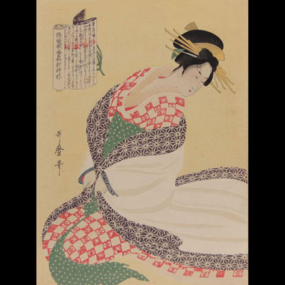 Kitagawa Utamaro. “The White Surcoat, from the series New Patterns of Brocade Woven in Utamaro Style (Nishiki-ori Utamaro-gata shin-moyô)”. 1796-98. Woodcut