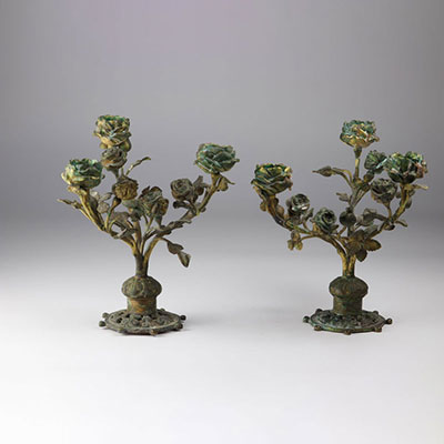 Pair of bronze candlesticks with 19th century rosebush decoration
