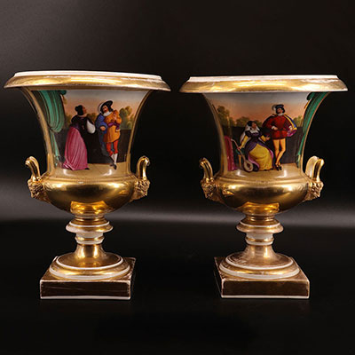 France - Pair of Paris porcelain vases romantic scene 
