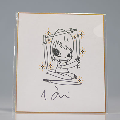 In the style of Yoshitomo Nara - Hand-signed black and yellow ink drawing on a shikishi card.