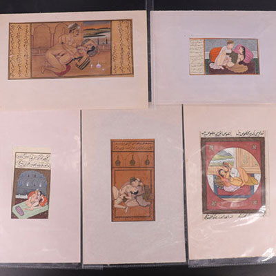 Lot de 5 peintures indiennes érotiques sur papier